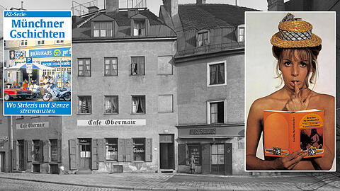 Diese Aufnahme mit dem Café Obermair findet sich im Stadtarchiv: So hat sie (ganz) früher einmal ausgesehen, die Kreuzstraße. Rechts Schauspielerin Christine Schuberth, die 1970 in der Titelrolle der &bdquo;Josefine Mutzenbacher&ldquo; bekannt geworden ist.