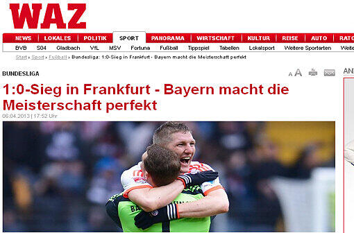 WAZ: "1:0-Sieg in Frankfurt - Bayern macht die Meisterschaft perfekt".