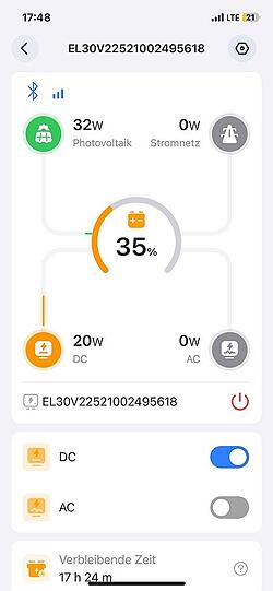 Mit der App, die es für iOS und Android gibt, kann man sich via Bluetooth mit seiner Bluetti verbinden und behält so auch auf dem Smartphone den Überblick über den Stromverbrauch, aber auch über den Gewinn via Solarmodul.