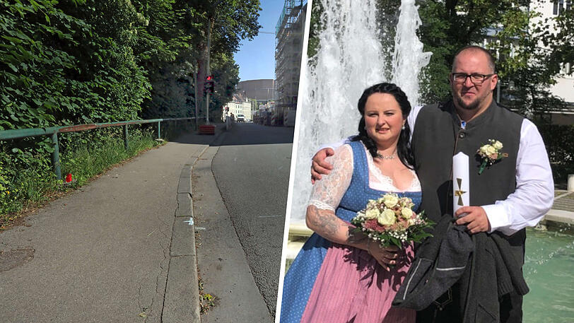 Lidija und Fabio bei ihrer Hochzeit. Links ist der Unfallort in der Hochstraße zu sehen, an dem er sich die tödlichen Verletzungen zugezogen hat.