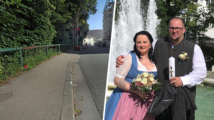 Lidija und Fabio bei ihrer Hochzeit. Links ist der Unfallort in der Hochstraße zu sehen, an dem er sich die tödlichen Verletzungen zugezogen hat.