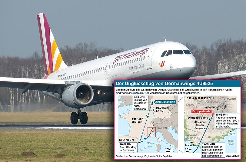 Auf dem Weg von Barcelona nach Düsseldorf ist eine Germanwings-Maschine in den französischen Alpen abgestürzt. Die Grafik zeigt die Flugroute und Absturzstelle des Airbus A320.