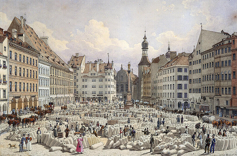 Der ehemalige Schrannenplatz (heutiger Marienplatz): hinten der Ratsturm in der Bemalung von 1778/79. Das Aquarell stammt aus dem Jahr 1836, als dort noch mit Getreide gehandelt wurde.