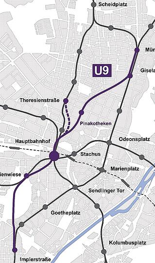 So könnte die neue U 9 mal fahren: Von der Implerstraße über die Wiesn, Hauptbahnhof und Pinakotheken zur Münchner Freiheit.