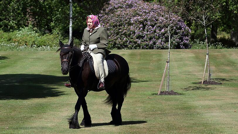 Königin Elizabeth II. beim Ausritt im Windsor Home Park im Mai 2020. Königin Elizabeth II. beim Ausritt im Windsor Home Park im Mai 2020.