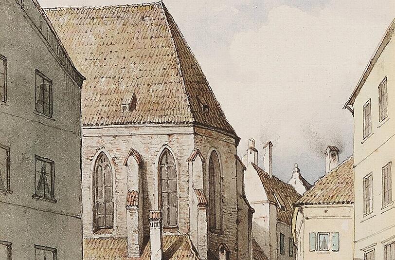 ie Salvatorkirche war Friedhofskirche der Frauenkirche. 1829 ging sie an die Griechisch-orthodoxe Metropolie. Seidels Aquarell ist auf 1886 datiert.