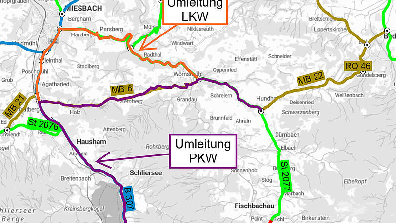 Baustelle in Fischbachau: Die offizielle Karte des Bauamtes in Rosenheim zeigt die Umleitung f&uuml;r Autos sowie f&uuml;r Lastwagen.