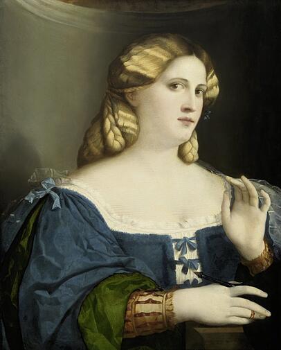 Typisch für Venedig sind die "belle donne", die schönen Frauen, die man meist nicht (mehr) identifizieren kann wie Palma il Vecchios "Junge Frau in blauem Kleid mit Fächer" (nach 1514). Gerne blondiert und tief dekolletiert waren diese Damen, und man weiß nicht, ob es sich nun um Brautbilder für den Künftigen, Porträts von Kurtisanen oder Pin-ups der erlesenen Sorte handelt. Typisch für Venedig sind die "belle donne", die schönen Frauen, die man meist nicht (mehr) identifizieren kann wie Palma il Vecchios "Junge Frau in blauem Kleid mit Fächer" (nach 1514). Gerne blondiert und tief dekolletiert waren diese Damen, und man weiß nicht, ob es sich nun um Brautbilder für den Künftigen, Porträts von Kurtisanen oder Pin-ups der erlesenen Sorte handelt.