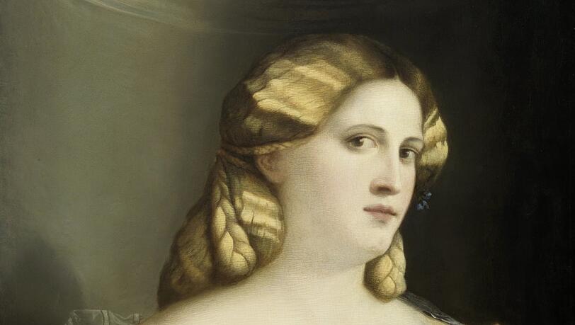 Typisch für Venedig sind die "belle donne", die schönen Frauen, die man meist nicht (mehr) identifizieren kann wie Palma il Vecchios "Junge Frau in blauem Kleid mit Fächer" (nach 1514). Gerne blondiert und tief dekolletiert waren diese Damen, und man weiß nicht, ob es sich nun um Brautbilder für den Künftigen, Porträts von Kurtisanen oder Pin-ups der erlesenen Sorte handelt. Typisch für Venedig sind die "belle donne", die schönen Frauen, die man meist nicht (mehr) identifizieren kann wie Palma il Vecchios "Junge Frau in blauem Kleid mit Fächer" (nach 1514). Gerne blondiert und tief dekolletiert waren diese Damen, und man weiß nicht, ob es sich nun um Brautbilder für den Künftigen, Porträts von Kurtisanen oder Pin-ups der erlesenen Sorte handelt.