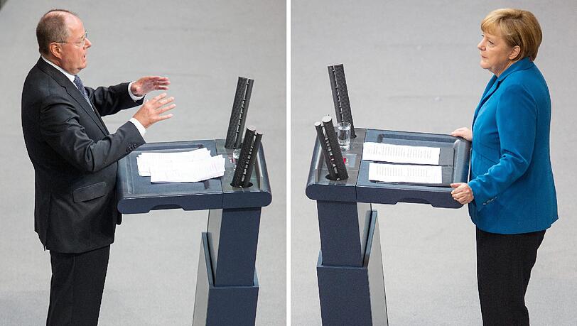 Debatte im Bundestag: Peer Steinbrück und Angela Merkel Debatte im Bundestag: Peer Steinbrück und Angela Merkel