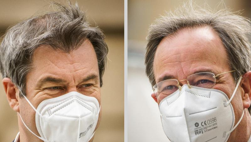 Markus Söder (CSU, l) und Armin Laschet sind auf dem Weg zur Sitzung der CDU/CSU Fraktion im Bundestag.