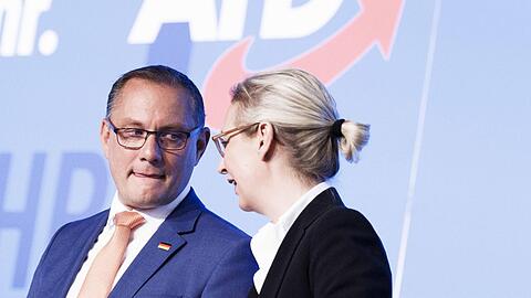 Tino Chrupalla sitzt auf dem Podium in Magdeburg neben Alice Weidel. Kandidiert einer von ihnen für das Kanzleramt?