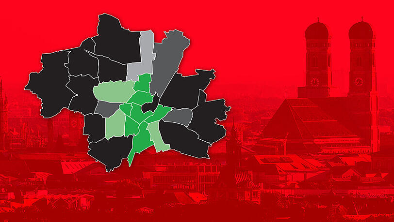 Je dunkler die Farbe, desto höher der Erststimmenanteil der Partei, die den Stadtbezirk für sich entschieden hat. Alle Zahlen finden Sie unten in der interaktiven Karte.
