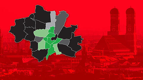 Je dunkler die Farbe, desto höher der Erststimmenanteil der Partei, die den Stadtbezirk für sich entschieden hat. Alle Zahlen finden Sie unten in der interaktiven Karte.