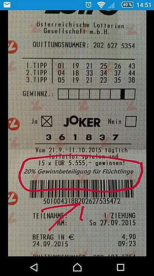 "Lotto-Gewinnbeteiligung für Flüchtlinge." Nein, eine Fotomontage.