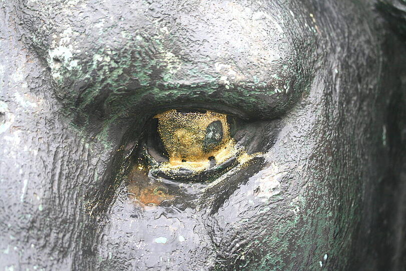 Im November 2010 hatten Unbekannte dem Löwen die Augen angemalt, der Figur daneben die Nägle lackiert. Die Entfernung löste auch die Patina, die bildet sich seitdem neu.