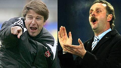 &bdquo;Bei unserem Anspruch müssen wir gewinnen&ldquo;, sagt Club-Trainer Michael Oenning (l.). Dann dürfte MSV-Coach Peter Neururer (r.) endlich zum Friseur.