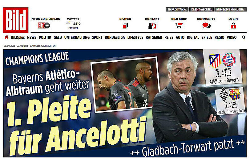 Für die Kollegen von "Bild" steht die 1. Pleite des FC Bayern unter dem Neuen Trainer Carlo Ancelotti im Fokus.