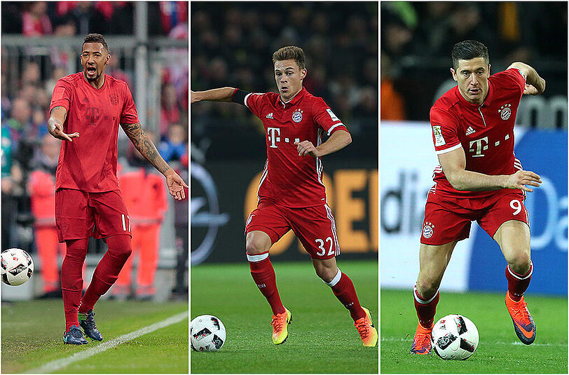 Jerome Boateng, Joshua Kimmich und Robert Lewandowski (von links) wollen ins "Team of the Year" der UEFA.
