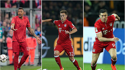 Jerome Boateng, Joshua Kimmich und Robert Lewandowski (von links) wollen ins "Team of the Year" der UEFA.