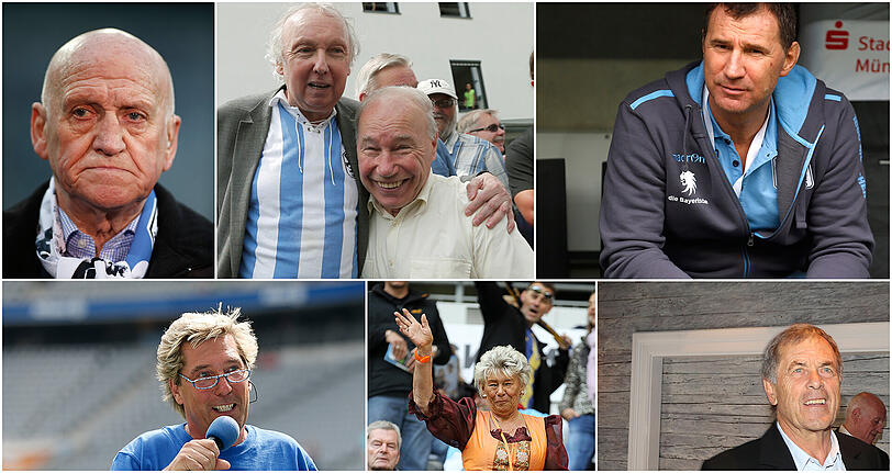 Die 60-Granden von links oben im Uhrzeigersinn: Meisterlöwe Peter Grosser, Allesfahrer Franz Hell und Karsten Wettberg, Aufstiegsheld Bernhard Winkler, Meisterlöwe Fredi Heiß, Wirtin Christl und Stadionsprecher Stefan Schneider.