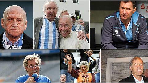 Die 60-Granden von links oben im Uhrzeigersinn: Meisterlöwe Peter Grosser, Allesfahrer Franz Hell und Karsten Wettberg, Aufstiegsheld Bernhard Winkler, Meisterlöwe Fredi Heiß, Wirtin Christl und Stadionsprecher Stefan Schneider.