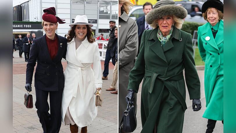 Zara Tindall (l.), Prinzessin Eugenie und K&ouml;nigin Camilla beim Pferderennen in Cheltenham.