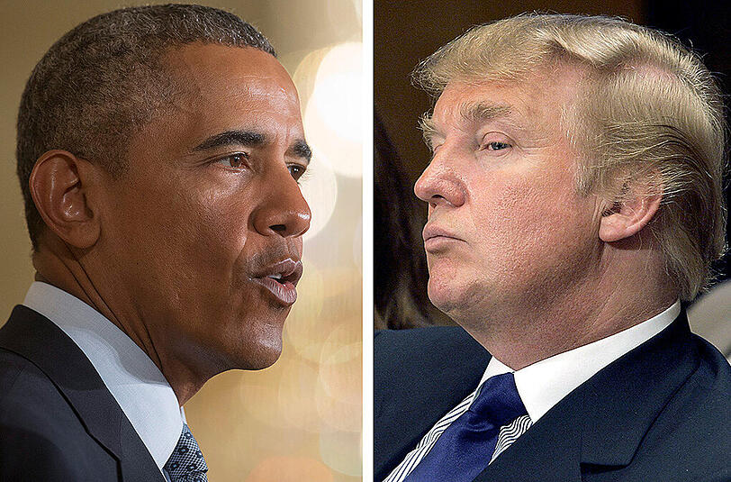Der republikanische Präsidentschaftskandidat Donald Trump (r.) sorgte jetzt erneut für Wirbel. Grund dafür war der jetzige Präsident Barack Obama (l.).