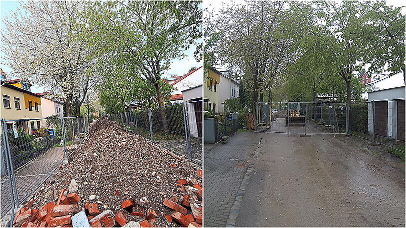 Links: Der Schutt liegt noch auf der Straße. Rechts: Der gleiche Weg, doch vom Schutt ist nichts mehr zu sehen.