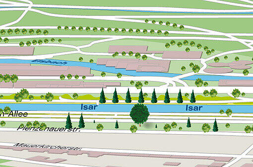 Höhe Tucherpark: Links der Isar kann man Tennis spielen, rechts der Isar auf der Thomas-mann-Allee flanieren und vom &bdquo;Zauberberg&ldquo; träumen.