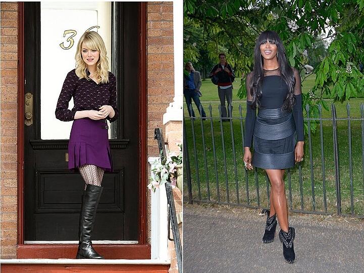Emma Stone (l.) kombiniert Overknees zum lilafarbenen Rock, Naomi Campbell (r.) trägt Ankleboots mit Nieten
