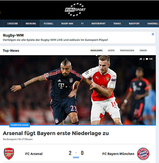 Etwas nüchterner handelt eurosport.de die Bayern-Nierlage ab.