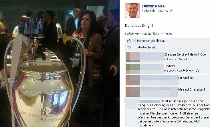 "Da ist das Ding!!!": Dieter Reiter hält seine Fans auf Facebook über seine Tour zum CL-Finale auf dem Laufenden.