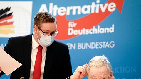 AfD-Chef Alexander Gauland zusammen mit Parteikollege Sebastian Münzenmeier. Einer Bertelsmann Stiftungs-Studie zufolge fanden sich "manifest rechtsextreme" Einstellungen bei 29 Prozent der Befragten, die beabsichtigten, die AfD zu wählen.