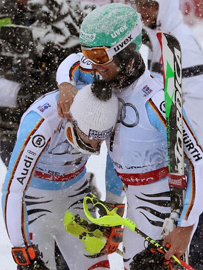 Fritz Dopfer und Felix Neureuther feiern ihre Silber- und Bronzemedaille bei der Ski-WM in den USA