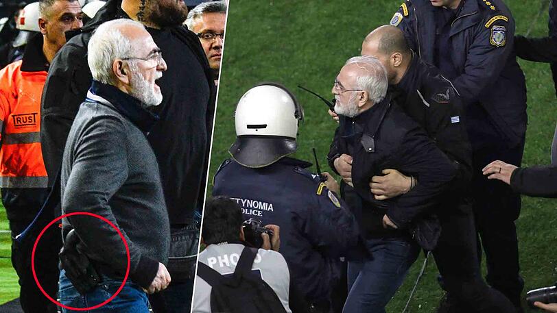 Ivan Savvidis, Besitzer und Präsident von PAOK Saloniki, stürmte nach einer Schiedsrichterentscheidung den Platz und bedrohte den Unparteiischen. Der rote Kreis zeigt die Pistole am Gürtel von Savvidis.