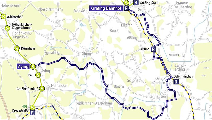 Der Verlauf der Tour von Grafing über Tuntenhausen, Maxlrain nach Aying. Der Verlauf der Tour von Grafing über Tuntenhausen, Maxlrain nach Aying.