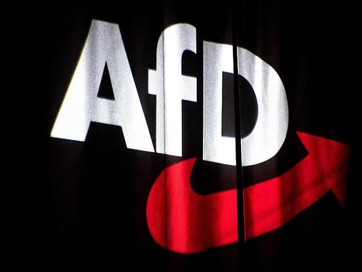 Das Logo der AfD ist beim Bundesparteitag auf einem Vorhang abgebildet. Foto: Sina Schuldt/dpa/Archivbild