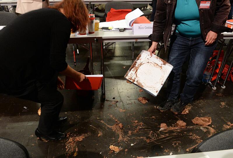 Eklat in Magdeburg: Die Linken-Fraktionschefin Sahra Wagenknecht ist auf dem Linken-Parteitag mit einer Torte beworfen worden. Die Bilder!