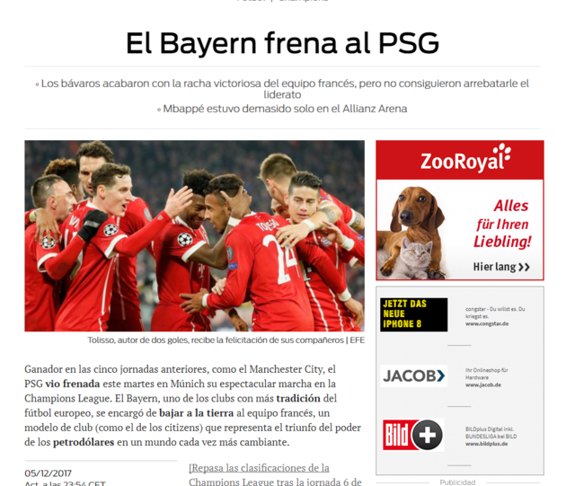 Das spanische Sportblatt "Sport" schreibt: "Bayern bremst PSG aus".