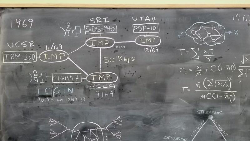 Die Aufnahme zeigt eine Tafel in der Boelter Hall der Universität UCLA mit Faksimiles einiger der Gleichungen und Schaltpläne, die 1969 zum Arpanet führten. Die Aufnahme zeigt eine Tafel in der Boelter Hall der Universität UCLA mit Faksimiles einiger der Gleichungen und Schaltpläne, die 1969 zum Arpanet führten.