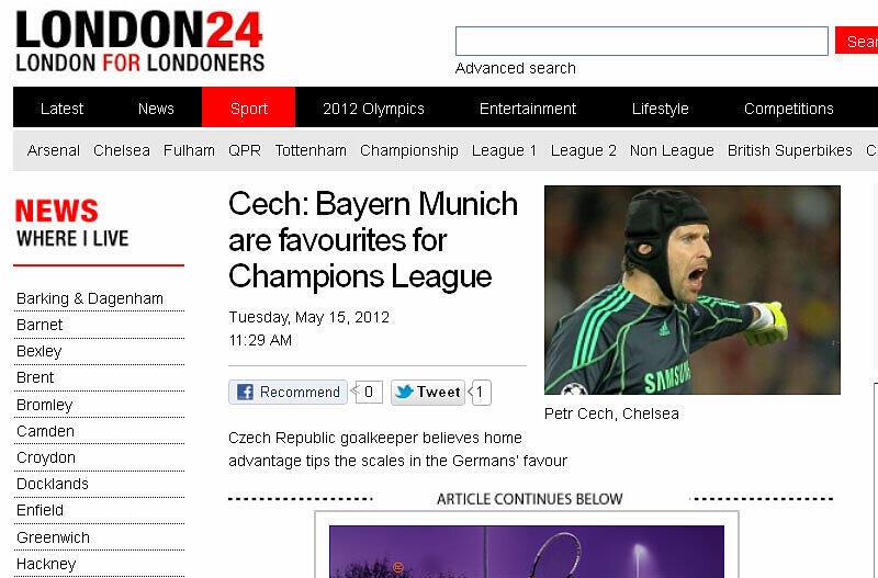 Das dürfte Chelsea kaum glücklich machen: Ihr eigener Torwart Petr Cech rechnet mit einem Sieg für die Bayern. Der Heimvorteil würde den Verein aus München zum Favoriten des Finalspiels machen, zitiert LONDON24 den Keeper mit tschechischen Wurzeln am Dienstag: "Es ist ein Finalspiel und man sollte meinen, dass die Chancen 50/50 stehen Aber im eigenen Stadion zu spielen und sich in der eigenen Umkleidekabine umzuziehen, ist ein Riesenvorteil."