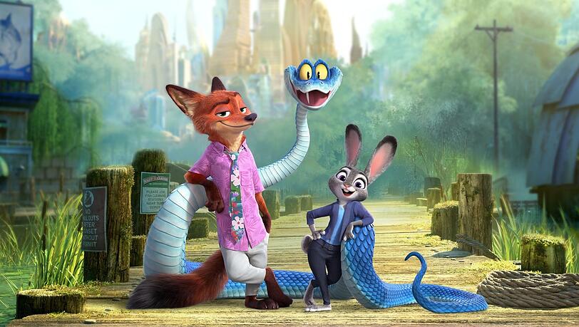 Kurzes Posen der drei Stars in einem unruhigen Film:Gary De’Snake mit Nick Wild (li.) und Judy Hopps. Kurzes Posen der drei Stars in einem unruhigen Film:Gary De’Snake mit Nick Wild (li.) und Judy Hopps.