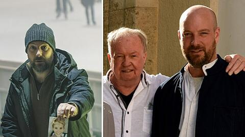 Stephan Zinner als Dennis Eden im "Polizeiruf 110: Das Licht, das die Toten sehen" (l.) und bei Drehbeginn zur neuen TV-Serie "Himmel, Herrgott, Sakrament" (r.) mit Kult-Regisseur Franz Xaver Bogner.