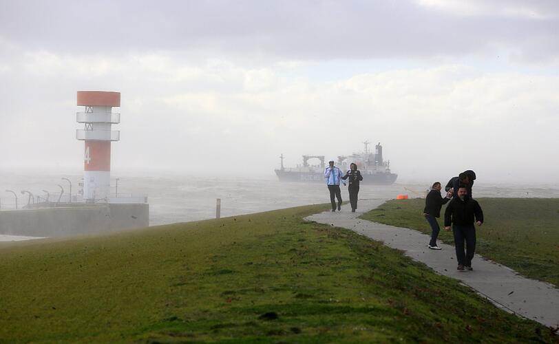 Ein Frachtschiff liegt auf Reede in der Elbe vor der Mündung in die Nordsee bei Brunsbüttel (Schleswig-Holstein)