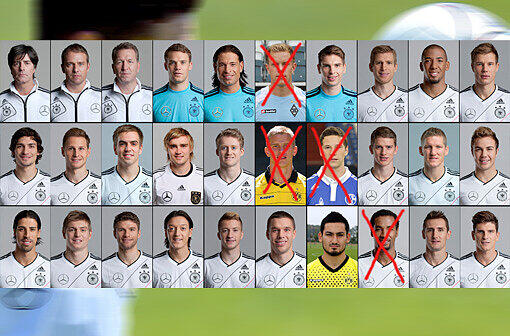 Die Bildkombo aus Archivbildern zeigt den erweiterten Kader des Deutschen Fussball-Bundes (DFB) fuer die Fussball-Europameisterschaft 2012, den Bundestrainer am Montag (07.05.12) in Rastatt vorstellte: Bundestrainer Joachim Loew (obere Reihe, v. l. ), Co-Trainer Hans-Dieter Flick, Torwarttrainer Andreas Koepke, Torwart Manuel Neuer, Torwart Tim Wiese, Torwart Marc Andre ter Stegen, Torwart Ron-Robert Zieler, Abwehrspieler Per Mertesacker, Abwehrspieler Jerome Boateng, Abwehrspieler Holger Badstuber, Abwehrspieler Mats Hummels (mittlere Reihe, v. l. ), Abwehrspieler Benedikt Hoewedes, Abwehrspieler Philipp Lahm, Abwehrspieler Marcel Schmelzer, Mittelfeldspieler Andre Schuerrle, Mittelfeldspieler Sven Bender, Mittelfeldspieler Julian Draxler, Mittelfeldspieler Lars Bender, Mittelfeldspieler Bastian Schweinsteiger, Mittelfeldspieler Mario Goetze, Mittelfeldspieler Sami Khedira (untere Reihe, v. l. ), Mittelfeldspieler Toni Kroos, Mittelfeldspieler Thomas Mueller, Mittelfeldspieler Mesut Oezil, Mittelfeldspieler Marco Reus, Mittelfeldspieler Lukas Podolski, Mittelfeldspieler Ilkay Guendogan, Angreifer Cacau, Angreifer Miroslav Klose und Angreifer Mario Gomez. Bundestrainer Joachim Loew hat am Pfingstmontag einen Tag vor der Nominierungsfrist seinen 23 Spieler umfassenden Kader fuer die Europameisterschaft in Polen und der Ukraine benannt. Dabei sortierte Loew Torhueter Marc-Andre ter Stegen, die beiden Mittelfeldspieler Sven Bender und Julian Draxler sowie Stuermer Cacau noch aus.