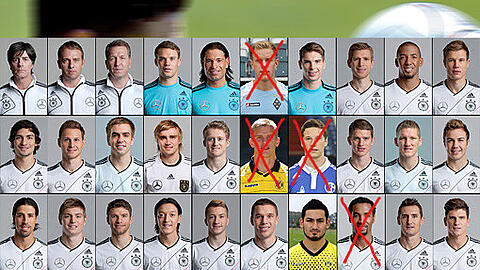 Die Bildkombo aus Archivbildern zeigt den erweiterten Kader des Deutschen Fussball-Bundes (DFB) fuer die Fussball-Europameisterschaft 2012, den Bundestrainer am Montag (07.05.12) in Rastatt vorstellte: Bundestrainer Joachim Loew (obere Reihe, v. l. ), Co-Trainer Hans-Dieter Flick, Torwarttrainer Andreas Koepke, Torwart Manuel Neuer, Torwart Tim Wiese, Torwart Marc Andre ter Stegen, Torwart Ron-Robert Zieler, Abwehrspieler Per Mertesacker, Abwehrspieler Jerome Boateng, Abwehrspieler Holger Badstuber, Abwehrspieler Mats Hummels (mittlere Reihe, v. l. ), Abwehrspieler Benedikt Hoewedes, Abwehrspieler Philipp Lahm, Abwehrspieler Marcel Schmelzer, Mittelfeldspieler Andre Schuerrle, Mittelfeldspieler Sven Bender, Mittelfeldspieler Julian Draxler, Mittelfeldspieler Lars Bender, Mittelfeldspieler Bastian Schweinsteiger, Mittelfeldspieler Mario Goetze, Mittelfeldspieler Sami Khedira (untere Reihe, v. l. ), Mittelfeldspieler Toni Kroos, Mittelfeldspieler Thomas Mueller, Mittelfeldspieler Mesut Oezil, Mittelfeldspieler Marco Reus, Mittelfeldspieler Lukas Podolski, Mittelfeldspieler Ilkay Guendogan, Angreifer Cacau, Angreifer Miroslav Klose und Angreifer Mario Gomez. Bundestrainer Joachim Loew hat am Pfingstmontag einen Tag vor der Nominierungsfrist seinen 23 Spieler umfassenden Kader fuer die Europameisterschaft in Polen und der Ukraine benannt. Dabei sortierte Loew Torhueter Marc-Andre ter Stegen, die beiden Mittelfeldspieler Sven Bender und Julian Draxler sowie Stuermer Cacau noch aus.