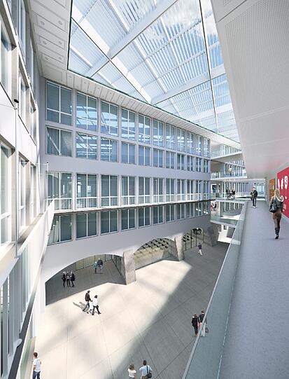 . . . ein kubusförmiger Neubau, der ganz mit Glas überdacht werden soll.