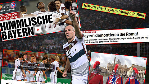 Nach der Gala-Vortstellung der Bayern in Rom überschlagen sich die Schlagzeilen. Von der Plünderung Roms bis zur Zermalmung der Römer - die internationalen Pressestimmen zum 7:1-Sieg des FC Bayern beim AS Rom. Klicken Sie sich durch!