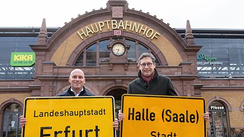 Erfurts Oberb&uuml;rgermeister Andreas Horn (CDU) und Halles OB Alexander Vogt (parteilos) werben f&uuml;r ihre St&auml;dte.